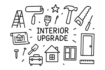 Interior Upgrade Tools. Interior upgrade. Hand-drawn doodle illustration interior upgrade paint roller, brush, ladder, hammer, screwdriver, saw, blueprint,