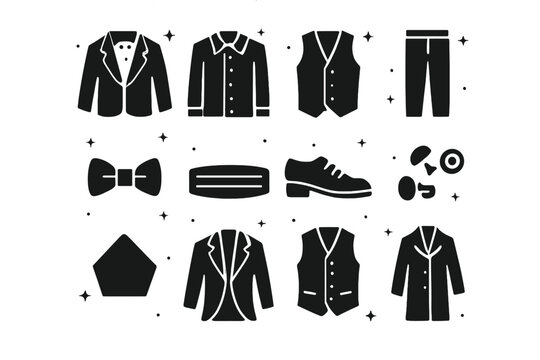 Men's Formal Wear Icons. Men?s Formal Wear. Solid icons set of Men?s Formal Wear: tuxedo jacket, dress shirt, vest, trousers, bow tie, cummerbund, formal