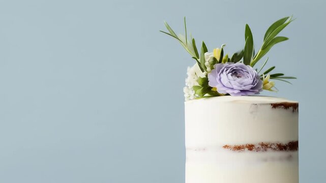 Minimalist white cake decorated with flowers changing color slightly on a pastel blue background