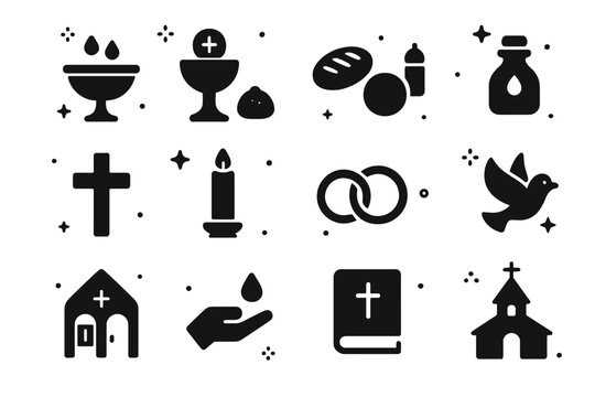 Sacramental Icons Collection. Sacraments. Solid icons set of Sacraments: baptismal font, chalice, bread, oil vial, cross, candle, wedding rings, confirmation