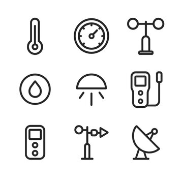 Climate Research Instruments. Outline icon set of lab instrumentation for climate research: thermometer, barometer, anemometer,