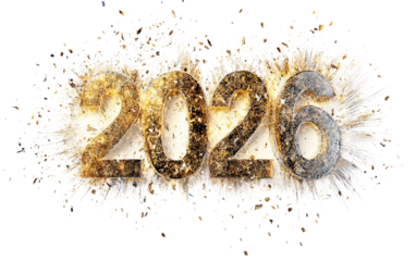 Brilliant golden and silver fireworks bursting into festive numeric forms lighting up the night sky isolated on transparent background PNG