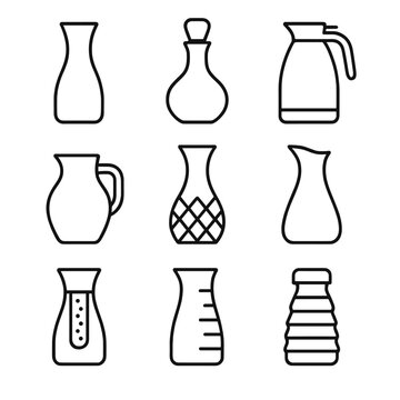 Carafe Outline Icons. Outline icon set of water carafe designs: classic glass carafe, decanter with stopper, insulated stainless