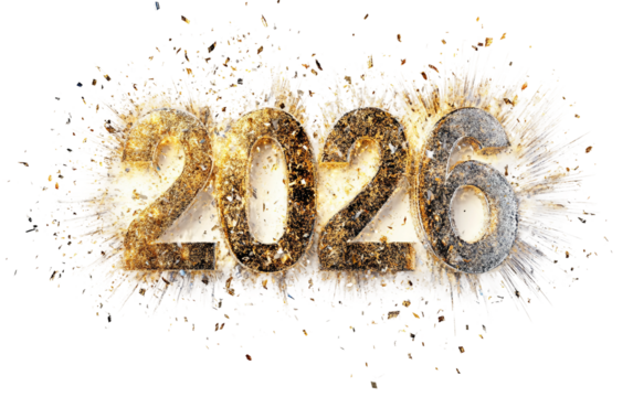 Brilliant golden and silver fireworks bursting into festive numeric forms lighting up the night sky isolated on transparent background PNG