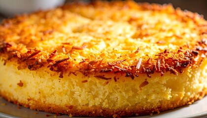 Round, golden-brown baked dessert with toasted flakes