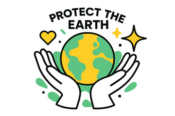 Caring Earth Hands. Protect the Earth. A glowing pair of hands holding the planet with floating spark and heart icons symbolizing care and responsibility.