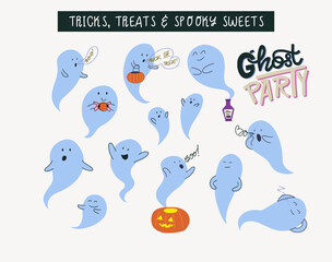 Big set of hand drawn cute cartoon ghost in different poses, shouting Boo and Trick Or Treat! Freehand doodles of spirit or spooky halloween poltergeist and hand lettering inscription Ghost Party!