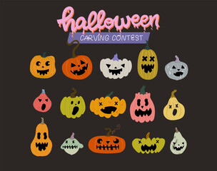 Set of hand drawn illustrations of halloween pumpkins with scary faces. Collection of different types of carved pumpkins and jack-o'-lanterns. Clip art for holiday carving contest.