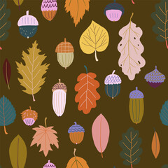 Cute seamless pattern with colourful hand drawn acorns and fallen oak, birch and maple leaves. Bright autumn tiling background, textile, wrapping paper. Cozy fall wallpaper.
