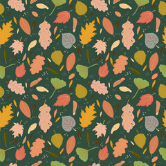 Cute seamless pattern with colourful hand drawn fallen leaves and maple seed pods. Bright autumn tiling background, textile, wrapping paper. Cozy fall wallpaper.