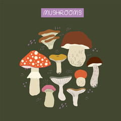 Circle shape composition made of hand drawn autumn forest mushrooms isolated on dark green background. Round set of fall botanical fungi elements. Vector clipart.