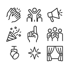 Cheering Icon Set. Outline icon set of cheering and applause: clapping hands, cheering crowd silhouette, megaphone, confetti burst