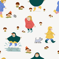 Seamless pattern with happy kids illustrations in raincoats and rubber boots in a rainy autumn day. Hand drawn flat vector character tiling background. Joyful preschooler enjoying the rain.