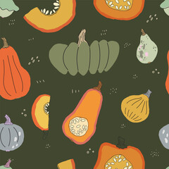 Cute seamless pattern with colourful hand drawn pumpkins and squashes. Bright autumn tiling background, textile, wrapping paper. Cozy fall wallpaper.