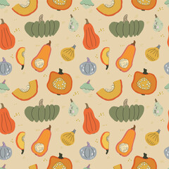 Cute seamless pattern with colourful hand drawn pumpkins and squashes. Bright autumn tiling background, textile, wrapping paper. Cozy fall wallpaper.