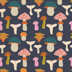 Cute&nbsp;seamless pattern with colourful hand drawn mushrooms. Bright autumn tiling background, textile, wrapping paper. Cozy fall wallpaper.