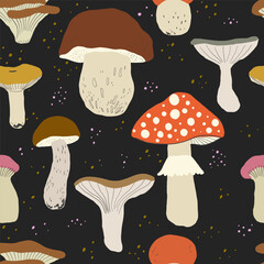 Cute&nbsp;seamless pattern with colourful hand drawn mushrooms. Bright autumn tiling background, textile, wrapping paper. Cozy fall wallpaper.
