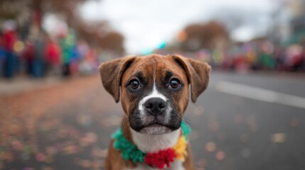 A cute dog wearing a colorful collar gazes at the camera, surrounded by an autumn festival setting, This image can be used for pet-related content, promotional materials, or festive themes,