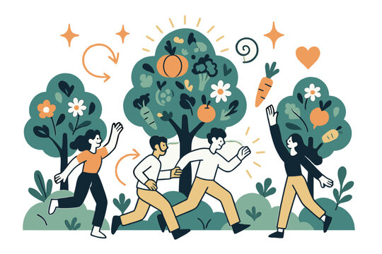 Vibrant Biodiverse Wonderland. Biodiversity. Glowing trees with fruits, vegetables, and flowers all mixed within one landscape. Floating icons of sparkle,