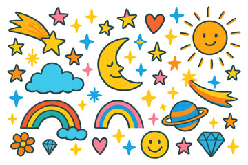 Whimsical Sky Doodles. Starry Night. Colorful Hand-drawn doodle Children illustration stars, moon, cloud, sparkle, heart, smiley face, comet, shooting star,
