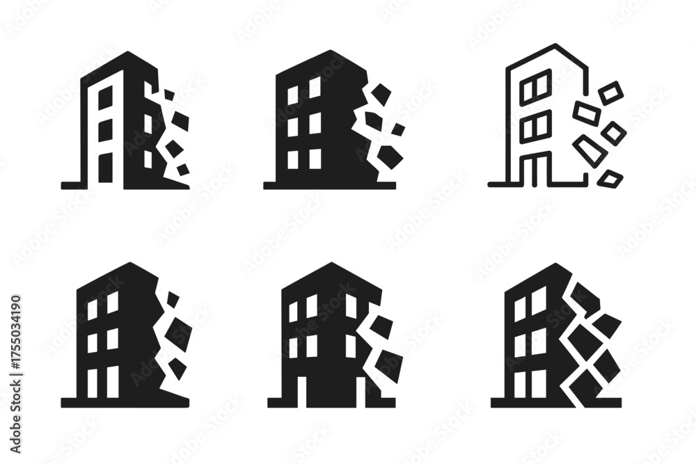 Wall mural harmonious collapse logos. building collapse. set logo of building collapse: stylized crumbling stru