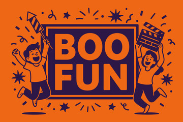 BooFun Celebration Banner. BooFun banner, flat vector illustration, bold oversized text inside rectangular frame, cartoon characters jumping and cheering near