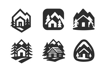 Obraz premium Settler Logo Variations. Settler. Set Logo of Settler: small cabin in wilderness. harmonious logo variations of the same emblematic concept, each
