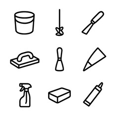 Obraz premium Grout Tools Icons. Outline icon set of grout mixing and application tools: mixing bucket, grout paddle attachment, margin trowel,