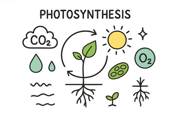Photosynthesis Diagram Doodle. Photosynthesis. Hand-drawn doodle illustration leaf (colored), sunshine (colored), water droplet (colored), CO2 cloud, oxygen