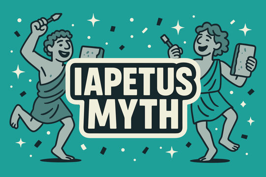 Iapetus Myth Banner. Iapetus Myth banner, flat vector illustration, bold oversized text inside sticker outline, cartoon characters dancing, holding stone