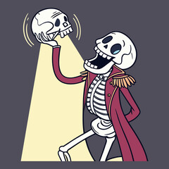 A cartoon skeleton dressed in a red coat and epaulets holds a skull aloft, illuminated by a spotlight.
