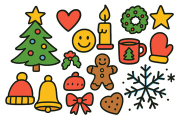 Christmas Ornament Doodles. Holiday Decorating. Colorful Hand-drawn doodle Children illustration ornament, Christmas tree, star, heart, smiley face, candle,
