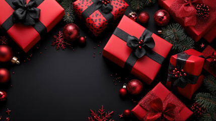 Golden christmas gift boxes and decorationson a black background. Holiday greetings and promotions.Black Friday. Cyber Monday.Online shopping, top view, flat lay, copy space, mock up