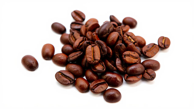 A collection of dark roasted coffee beans is scattered on a white background. The beans display deep brown tones and shiny surfaces, inviting coffee enthusiasts to enjoy their rich aroma