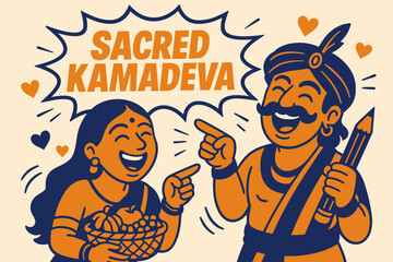 Sacred Kamadeva Illustration. Sacred Kamadeva banner, flat vector illustration, bold oversized text inside comic burst, cartoon characters laughing and