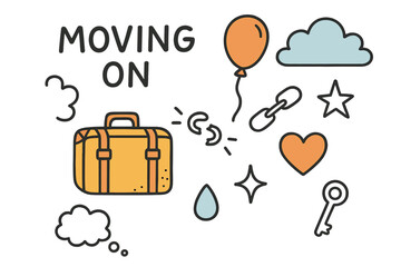 Moving On Symbols. Moving On. Hand-drawn doodle illustration suitcase (colored), balloon (colored), broken chain, heart, sparkle, cloud (colored), star, key,