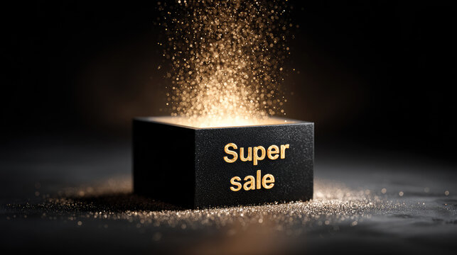 Black Friday super sale gift box opening on a dark background, revealing radiant golden light rays and premium deals, representing exclusive offers and shopping season
