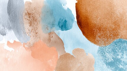 Fototapeta premium Abstract watercolor splashes creating an organic pattern, blending blue, brown, and peach hues on a white background, forming a modern artistic texture for design and decoration