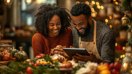 man and woman preparing christmas dishes using tablet recipe, laughing and surrounded by ingredients in festive kitchen
