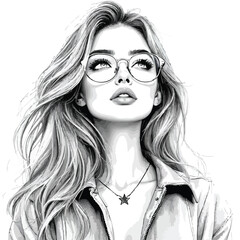 Realistic Portrait Vector — Black and White Illustration of Person with Wavy Hair, Glasses, Collared Shirt, and Star Pendant