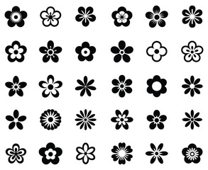 Collection of simple black flower icons and silhouettes, seamless pattern with black and white flowers