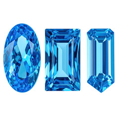 Three cut, faceted gemstones of varying shapes displaying bright blue hues against a dark background