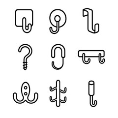 Bathrobe Hook Icons. Outline icon set of bathrobe hook types: adhesive hook, suction cup hook, over-door hook, screw-in hook,