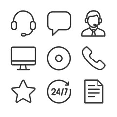 Call Center Icons. Outline icon set of call center services: phone headset, speech bubble, agent avatar, computer screen, call