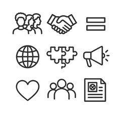 Diverse Representation Icons. Outline icon set of diverse representation in branding: diverse silhouettes, handshake, equal sign,