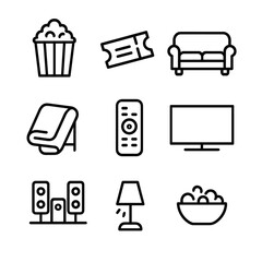 Home Theater Icons. Outline icon set of home theater essentials: popcorn bucket, ticket stub, couch, throw blanket, remote control