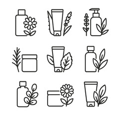 Herbal Skincare Icons. Outline icon set of herbal skincare packaging: chamomile flower, aloe vera leaf, lavender sprig, rosemary