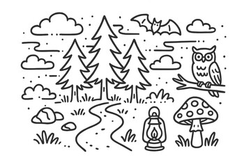 Naklejka premium Foggy Forest Doodle. Foggy Forest. Hand-drawn doodle illustration Foggy Forest tree mist cloud path rock owl bat mushroom lantern. Simple cartoon-style black