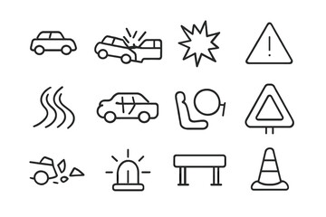 Road Accident Icons. Road accident. Line icon set of Road accident: two cars, car crash, broken glass, impact explosion, skid marks, crumpled vehicle, airbag,