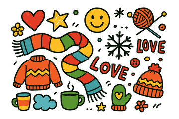 Fototapeta premium Colorful Scarf Doodles. Scarf Love. Colorful Hand-drawn doodle Children illustration scarf, heart, star, smiley face, snowflake, flower, yarn ball, knitting